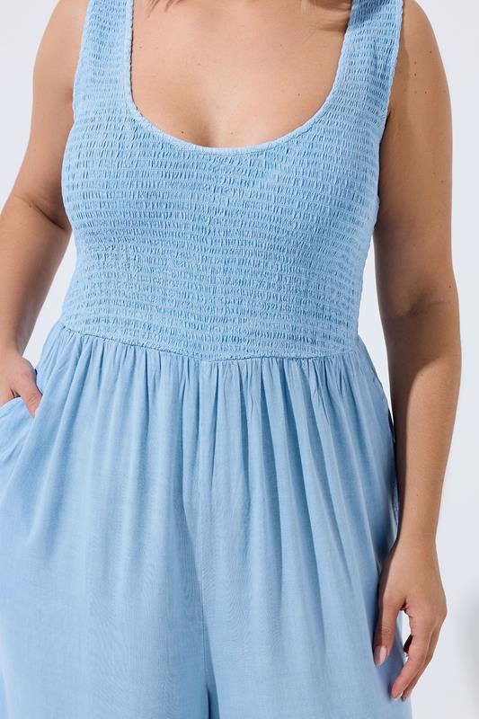 LIMITED COLLECTION Plus Size Blue Chambray Shirred Jumpsuit | Yours Clothing 4