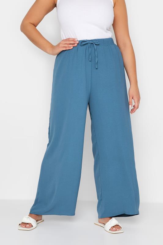 YOURS PETITE Plus Size Blue Crepe Wide Leg Trousers | Yours Clothing 1