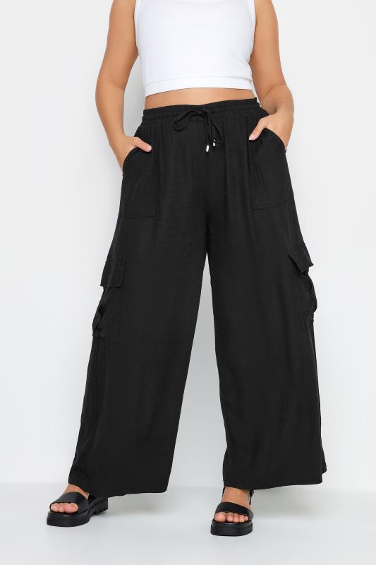 YOURS Plus Size Black Linen Wide Leg Cargo Trousers | Yours Clothing 1