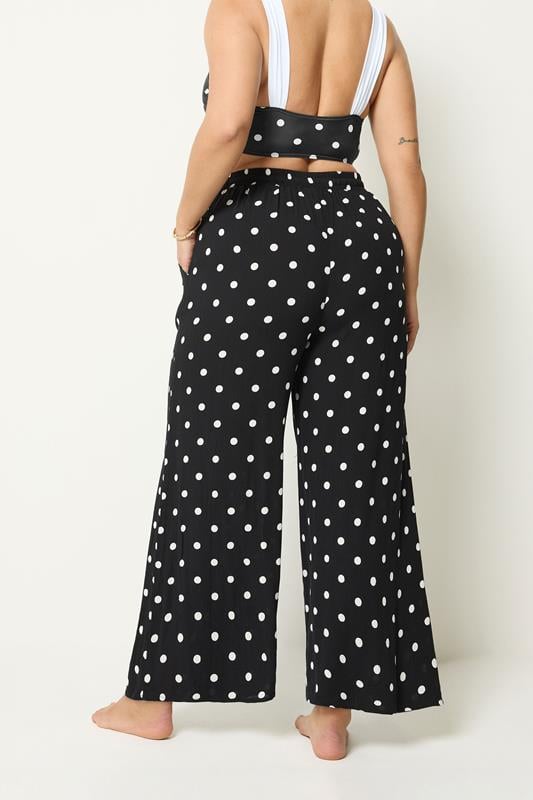 YOURS Plus Size Black Polka Dot Crinkle Beachwear Wide Leg Trousers | Yours Clothing 4