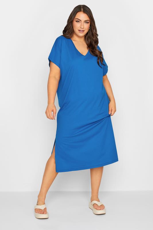 YOURS Plus Size Cobalt Blue Side Split Midaxi T-Shirt Dress | Yours Clothing 2