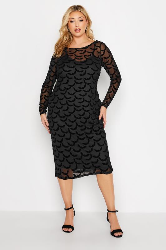 YOURS LONDON Plus Size Black Flocked Halloween Bat Mesh Dress | Yours Clothing 2