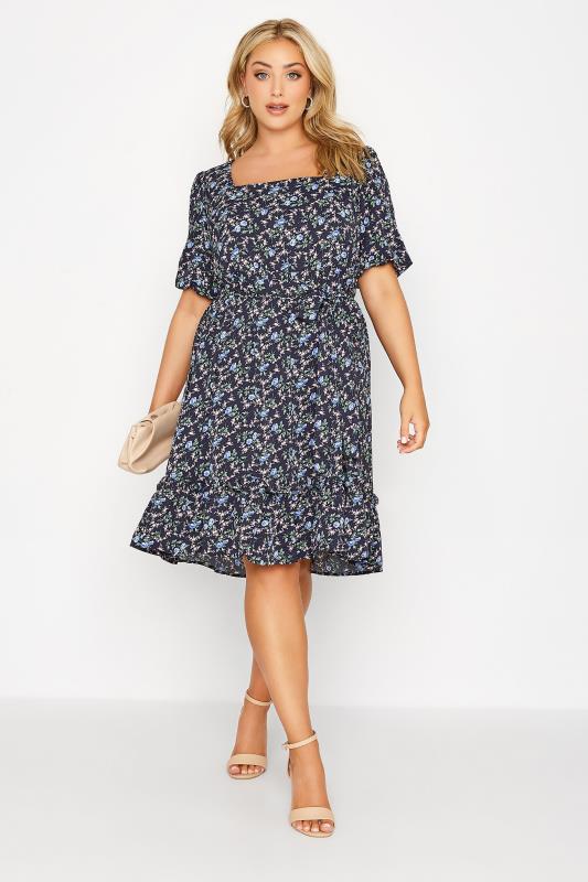 YOURS LONDON Curve Navy Blue Floral Tiered Dress 1