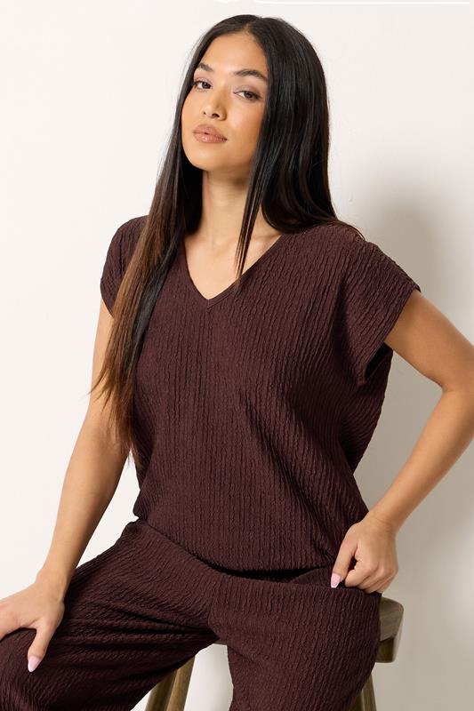  M&Co Petite camiseta marrón texturizada con escote de pico