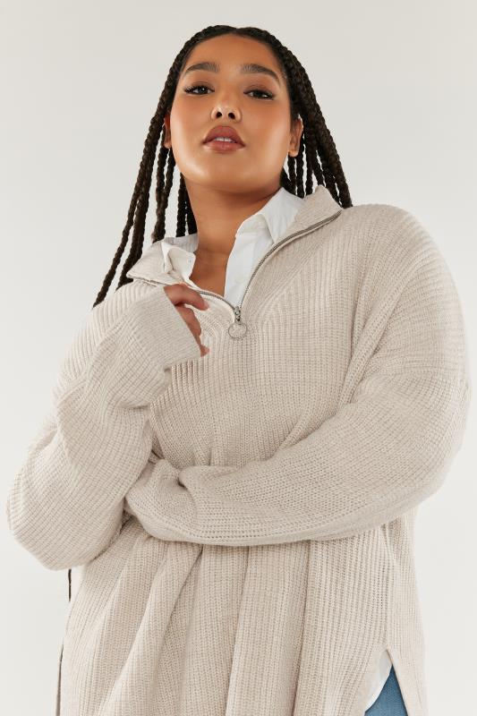 YOURS Plus Size Cream Quarter Zip Jumper | Yours Clothing 2