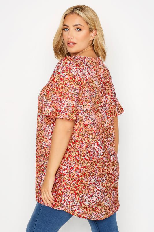 Curve Red Ditsy Print Frill Sleeve Keyhole Top 3