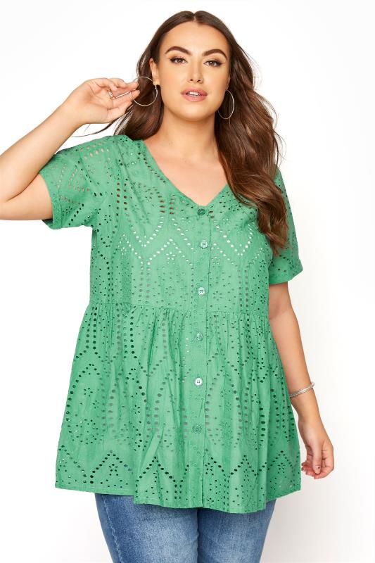  dla puszystych Curve Green Broderie Anglaise Peplum Top