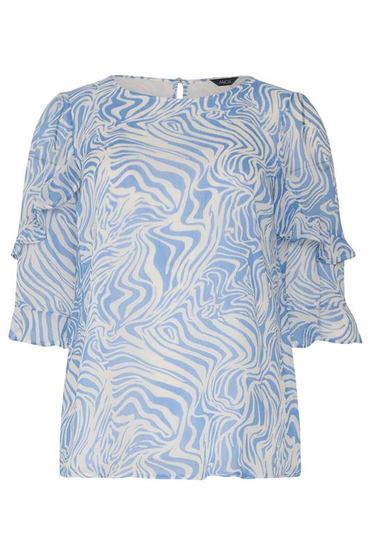 M&Co Blue & White Swirl Print Frill Sleeve Blouse | M&Co 5