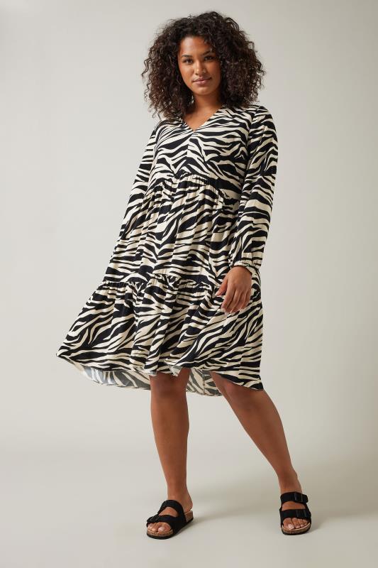 EVANS Plus Size Black & White Tiered Zebra Print Midi Dress | Evans 1