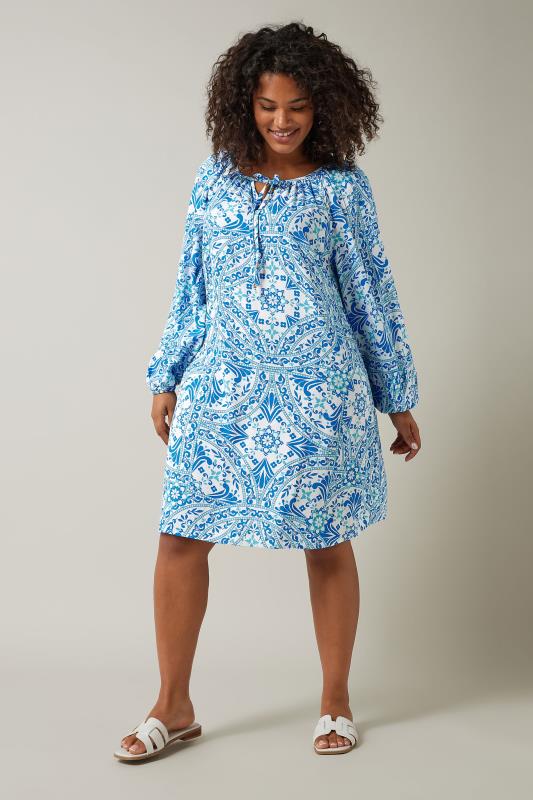 EVANS Plus Size Blue Tile Print Tunic Dress | Evans  1