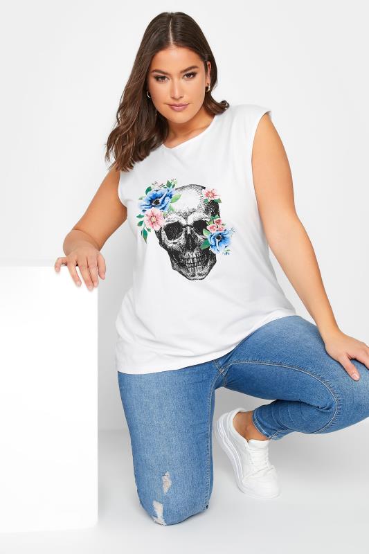 YOURS Plus Size White Floral Skull Print Vest Top | Yours Clothing 1