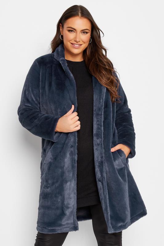 YOURS Plus Size Curve Navy Blue Faux Fur Coat | Yours Clothing  1