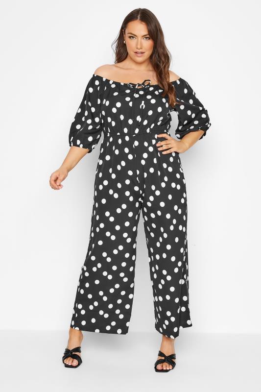 Plus Size Black & White Polka Dot Bardot Jumpsuit | Yours Clothing 1