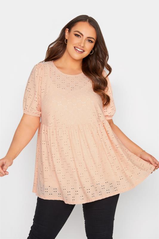 Plus Size  Curve Pink Broderie Anglaise Peplum Top