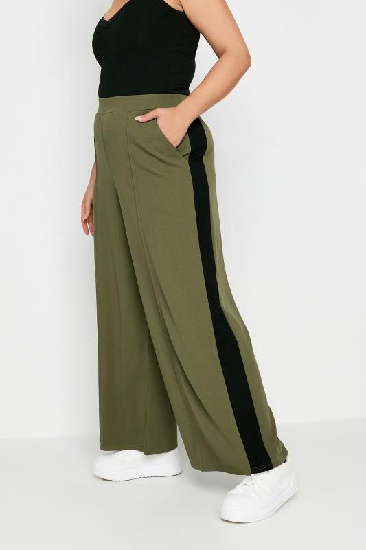 YOURS Plus Size Khaki Green Side Stripe Wide Leg Trousers | Yours Clothing 1