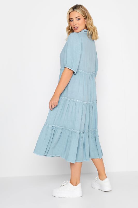 YOURS Curve Plus Size Blue Acid Wash Tiered Chambray Denim Shirt Dress | Yours Clothing  3