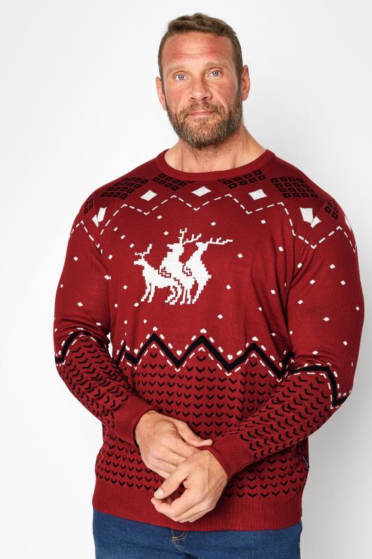 Men's  BadRhino Big & Tall Red Three Reindeer Christmas Knitted Jumper