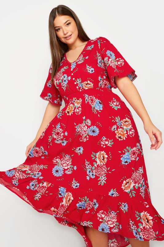 YOURS Plus Size Red Floral Print High Low Midi Dress | Yours Clothing 4