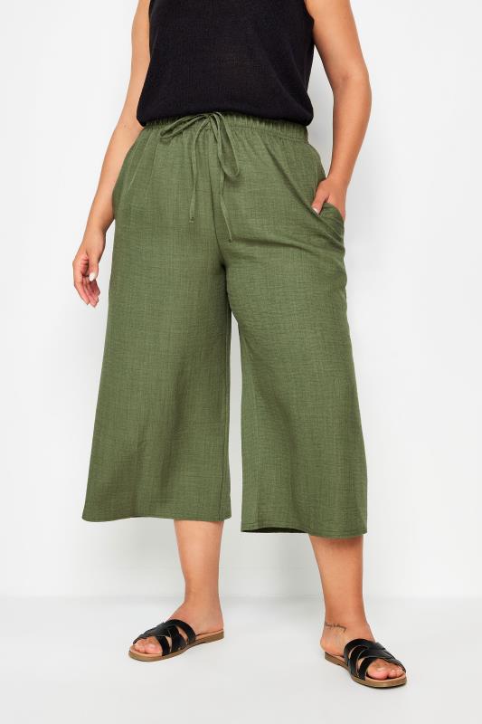  Tallas Grandes YOURS Curve Khaki Green Linen Look Cropped Trousers