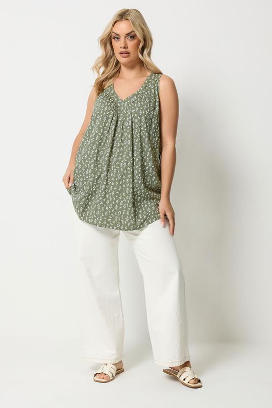 YOURS Plus Size Olive Green Ditsy Floral Vest Top | Yours Clothing 1