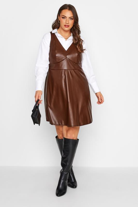 LIMITED COLLECTION Curve Chocolate Brown Leather Look Pinafore Dress 2