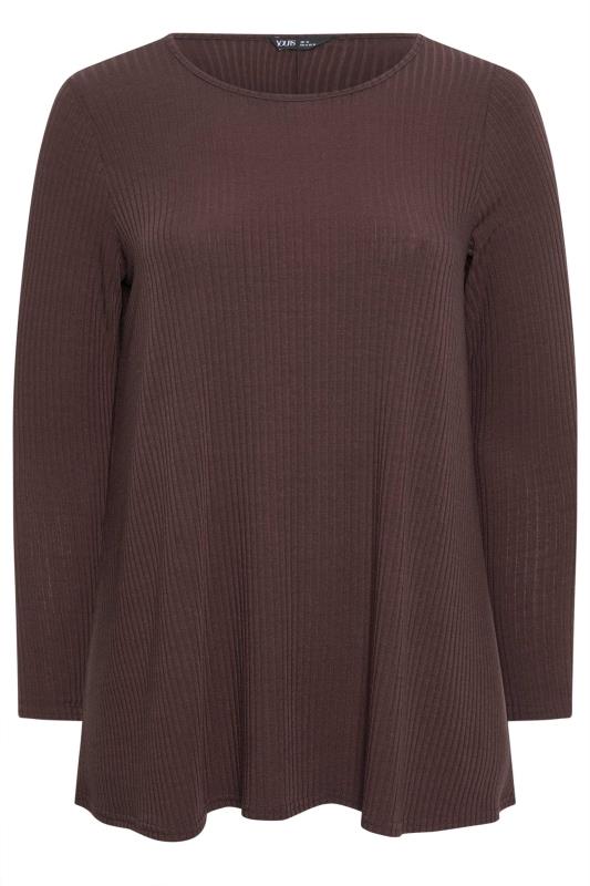 YOURS Plus Size Chocolate Brown Long Sleeve Ribbed Swing Top | Yours Clothing 5