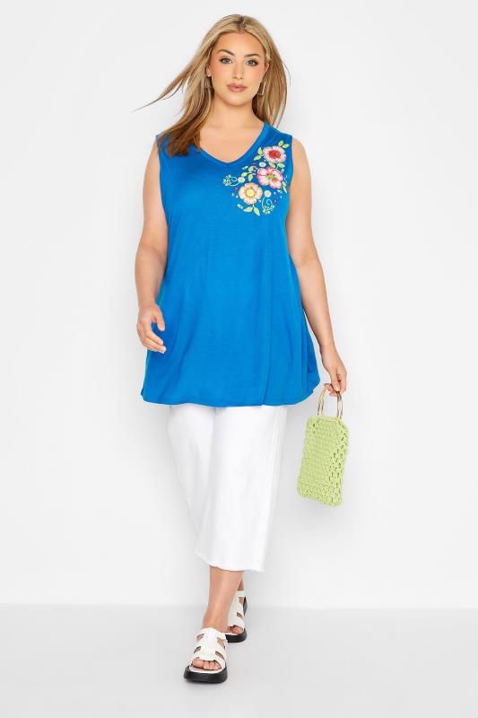 Plus Size Blue Embroidered Floral Detail Vest Top | Yours Clothing 2