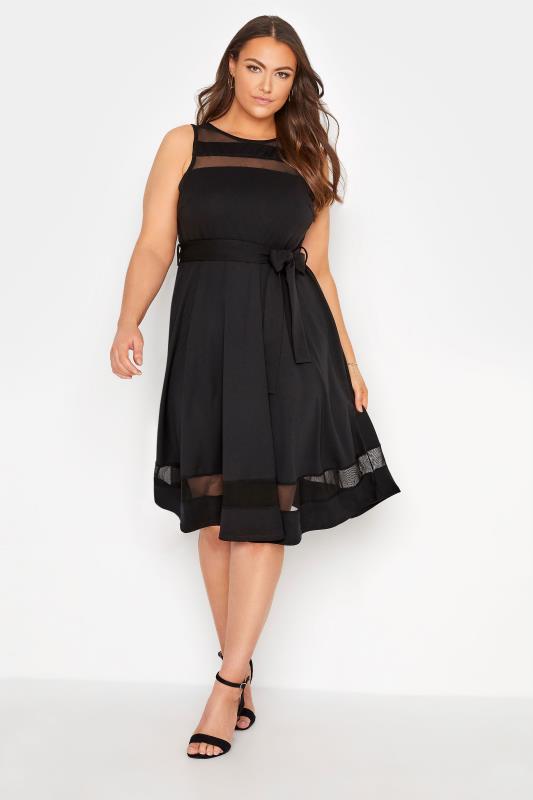 YOURS LONDON Plus Size Black Mesh Panel Skater Dress | Yours Clothing 2