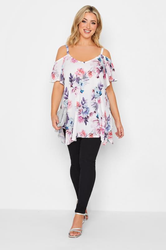 YOURS LONDON Plus Size White Tropical Print Cold Shoulder Top | Yours Clothing  2