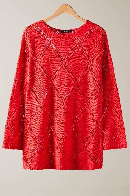 EVANS Plus Size Red Diamond Pointelle Jumper | Evans 5