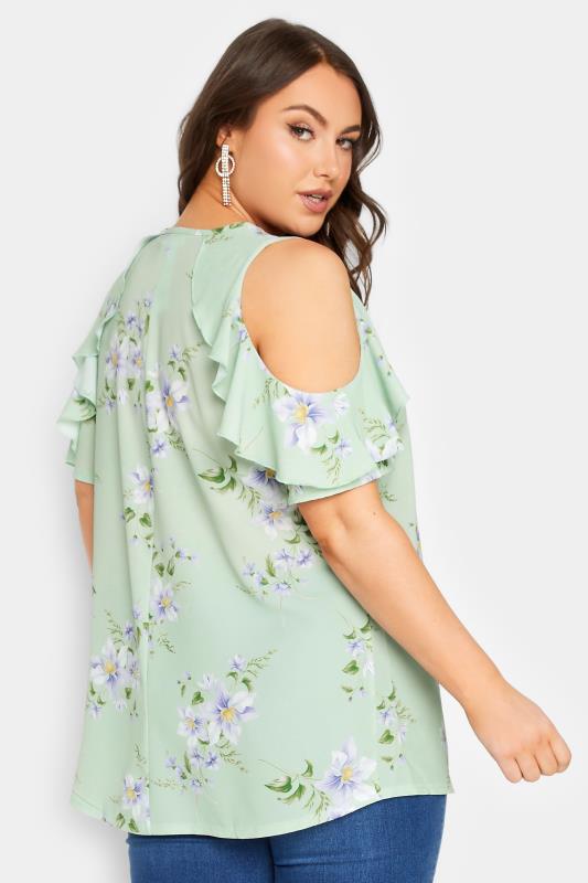 YOURS LONDON Plus Size Green Floral Frill Cold Shoulder Top | Yours Clothing 3