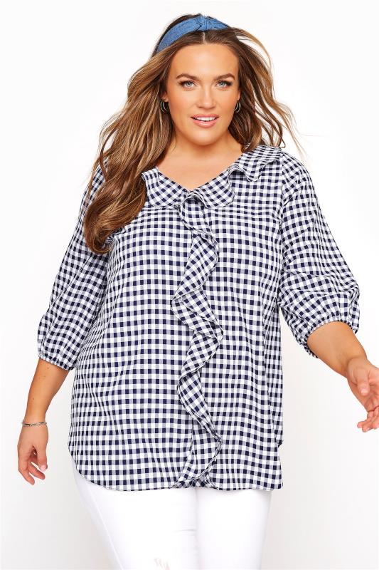 YOURS LONDON Blue Gingham Frill Front Blouse 1