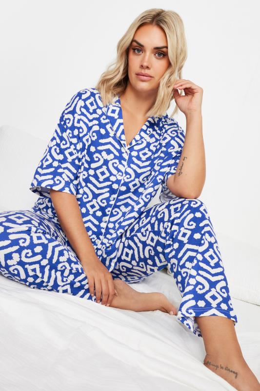 YOURS Plus Size Blue Ikat Print Button Through Pyjama Set | Your Clothing 2