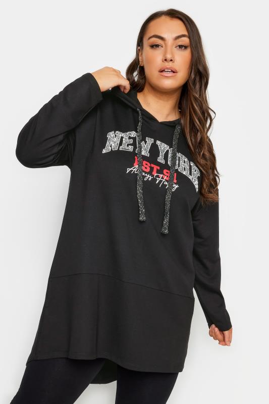 YOURS Plus Size Black 'New York' Slogan Longline Hoodie | Yours Clothing 4