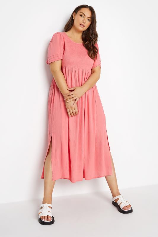 LIMITED COLLECTION Curve Coral Pink Crinkle Angel Sleeve Dress_A.jpg