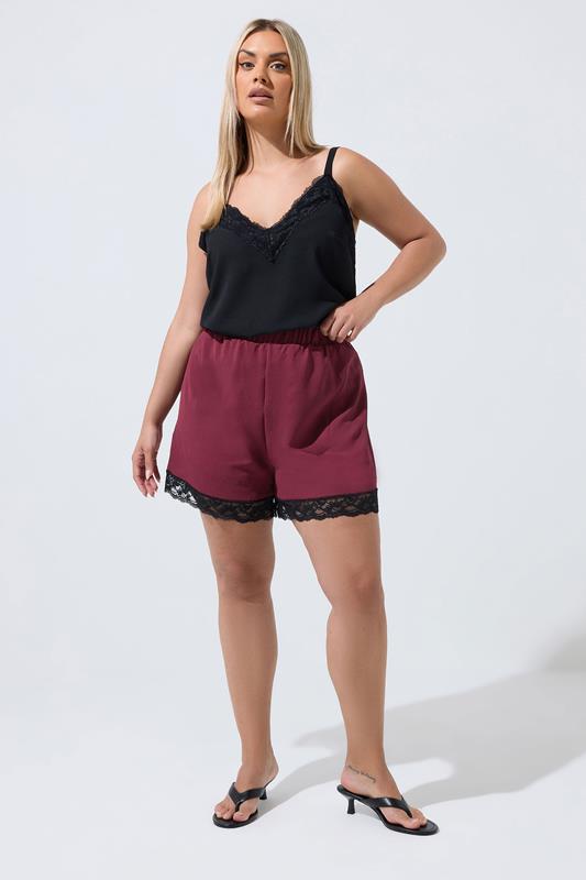 LIMITED COLLECTION Plus Size Burgundy Red Lace Trim Shorts | Yours Clothing 1