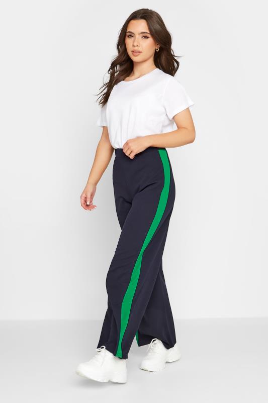 Petite Navy Blue & Green Stripe Wide Leg Trousers | PixieGirl 2