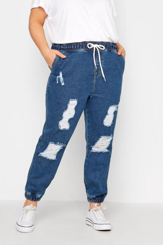 Plus Size Indigo Blue Ripped Jogger Jeans | Yours Clothing 1