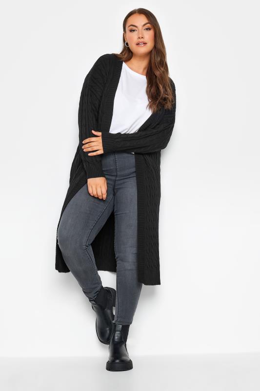 YOURS Plus Size Black Ribbed Midaxi Waterfall Cardigan