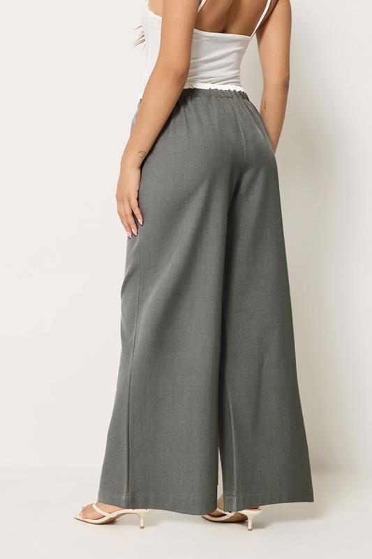 PixieGirl Petite Women's Grey Contrast Waist Wide Leg Trousers | PixieGirl 2
