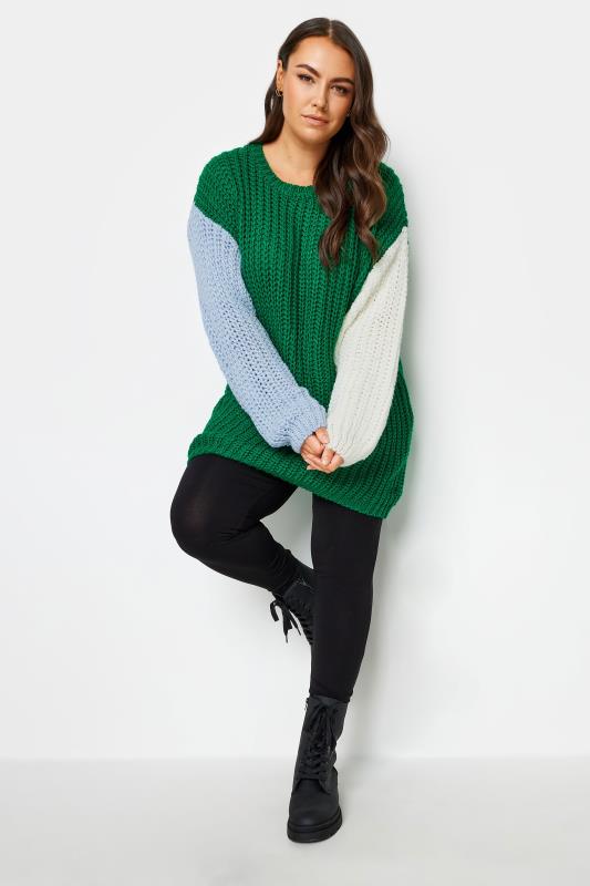 YOURS Plus Size Green Colourblock Chunky Knit Jumper | Yours Clothing 2