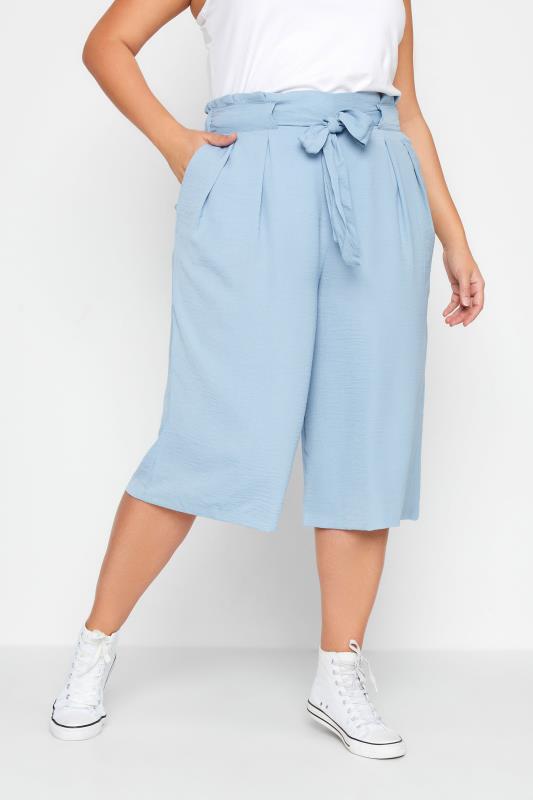 Plus Size Blue Paperbag Twill Culottes | Yours Clothing  1
