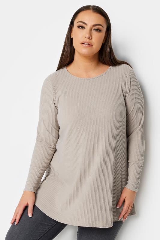 Plus Size  YOURS Curve Stone Brown Ribbed Swing T-Shirt