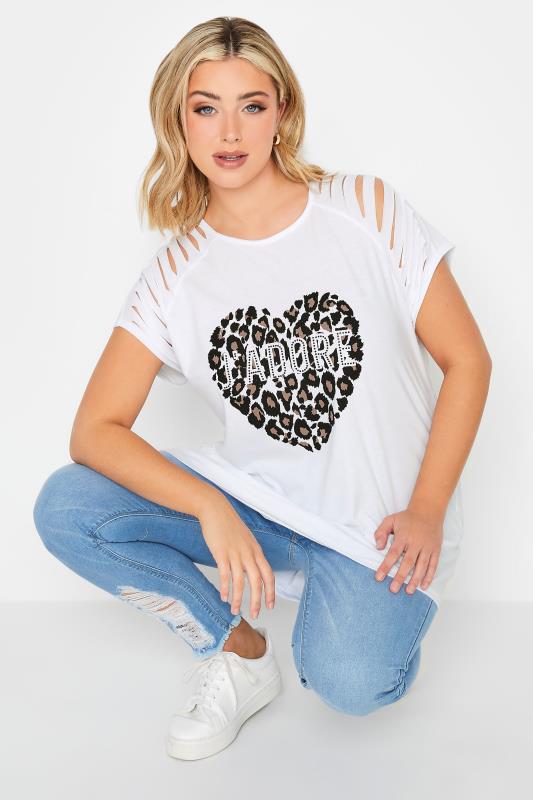 YOURS Plus Size White Leopard Print 'J'Adore' Distressed T-Shirt | Yours Clothing 1
