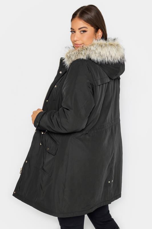 YOURS Plus Size Black Faux Fur Trim Hooded Parka Coat | Yours Clothing 4
