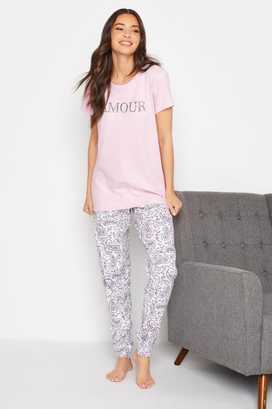 LTS Tall Women'a Pink 'Amour' Slogan Paisley Print Pyjama Set | Long Tall Sally  1