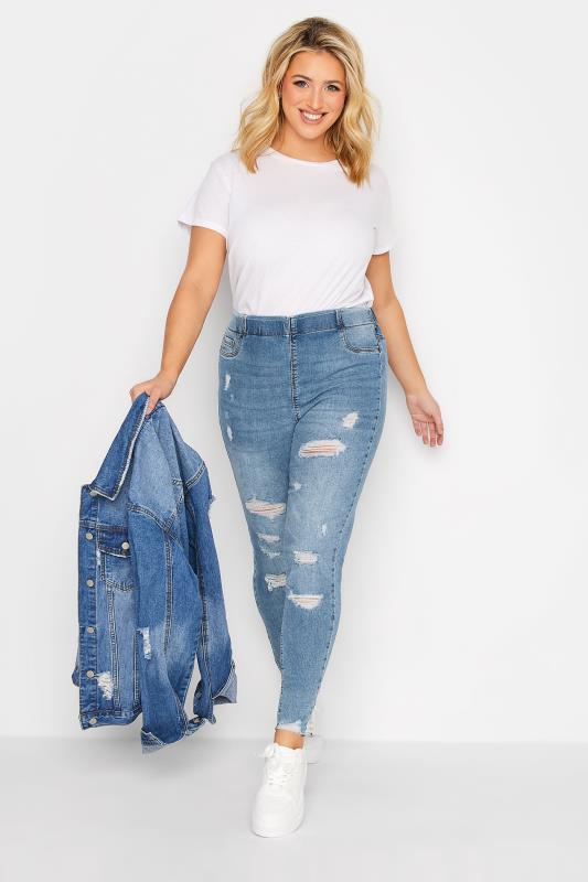 Plus Size YOURS FOR GOOD Mid Blue Extreme Ripped JENNY Jeggings | Yours Clothing 2