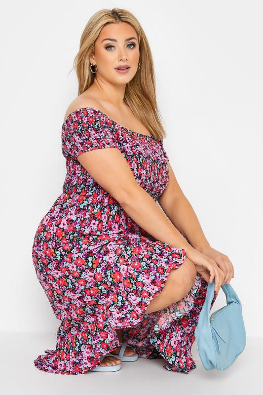 Plus Size Pink Floral Shirred Bardot Midaxi Dress | Yours Clothing 5