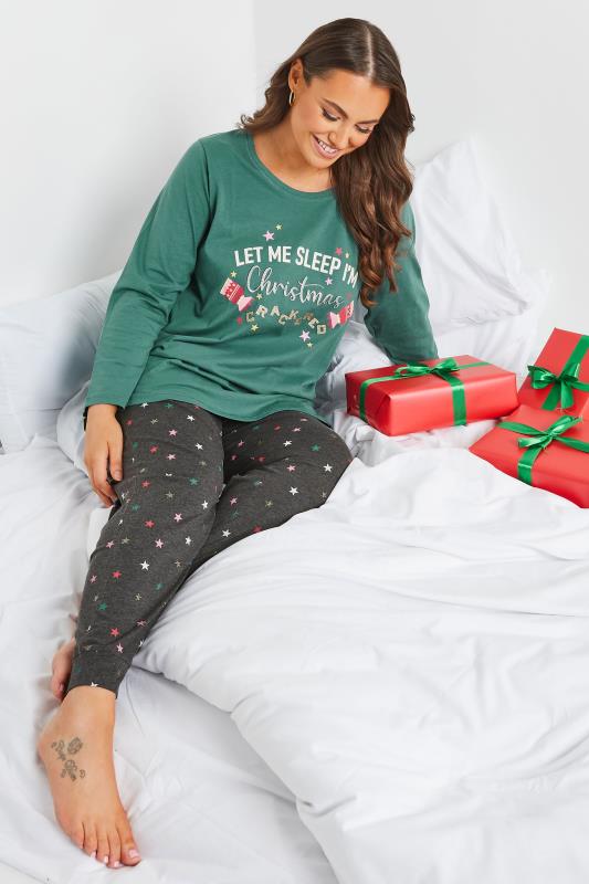 Plus Size Green 'Christmas Crackered' Star Print Pyjama Set | Yours Clothing 4