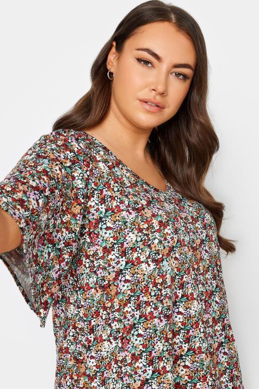 YOURS Plus Size Red & Green Floral Print Angel Sleeve Top | Yours Clothing 4